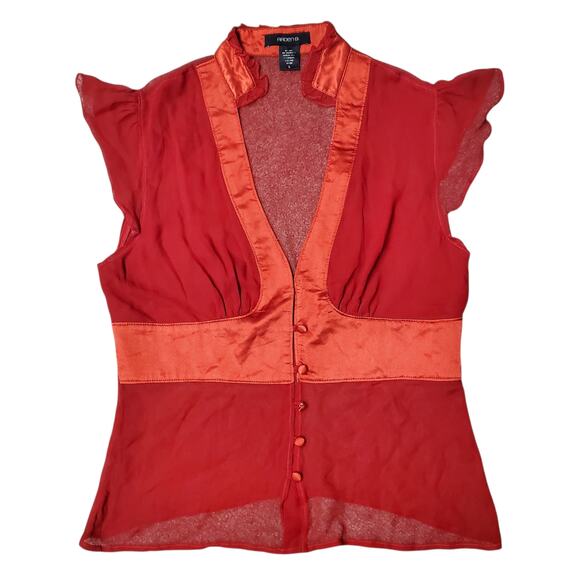 Y2k Silk Blend Red Office Siren Blouse Sheer - Size Large - Picture 1 of 8